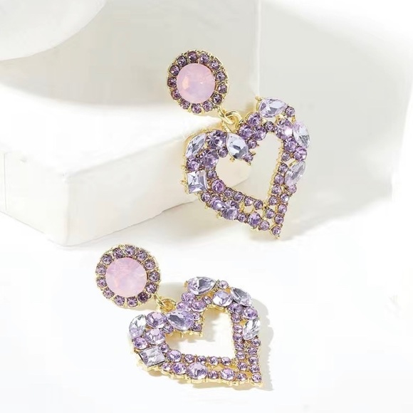 Lavender Crystal Heart Drop Statement Earrings - Picture 3 of 13